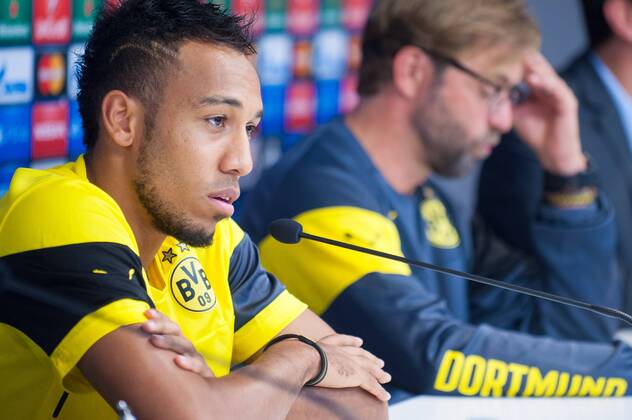 - BRUSSELS, BELGIUM: Dortmund s Pierre-Emerick Aubameyang pictured during a press conference of German team Borussia Dortmund, in Brussels, Tuesday 30 September 2014. Dortmund will play Tomorrow against Belgian team RSC Anderlecht on day 2 of the group stage of the UEFA Champions League competition, in group D. LUCxCLAESSEN  premiumd Highlight 04407299