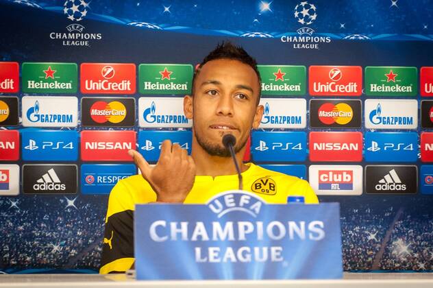- BRUSSELS, BELGIUM: Dortmund s Pierre-Emerick Aubameyang pictured during a press conference of German team Borussia Dortmund, in Brussels, Tuesday 30 September 2014. Dortmund will play Tomorrow against Belgian team RSC Anderlecht on day 2 of the group stage of the UEFA Champions League competition, in group D. LUCxCLAESSEN  premiumd Highlight 04407302