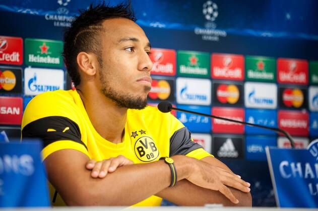 - BRUSSELS, BELGIUM: Dortmund s Pierre-Emerick Aubameyang pictured during a press conference of German team Borussia Dortmund, in Brussels, Tuesday 30 September 2014. Dortmund will play Tomorrow against Belgian team RSC Anderlecht on day 2 of the group stage of the UEFA Champions League competition, in group D. LUCxCLAESSEN  premiumd Highlight 04407307