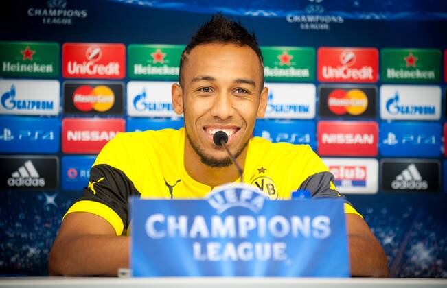 - BRUSSELS, BELGIUM: Dortmund s Pierre-Emerick Aubameyang pictured during a press conference of German team Borussia Dortmund, in Brussels, Tuesday 30 September 2014. Dortmund will play Tomorrow against Belgian team RSC Anderlecht on day 2 of the group stage of the UEFA Champions League competition, in group D. LUCxCLAESSEN  premiumd Highlight 04407311