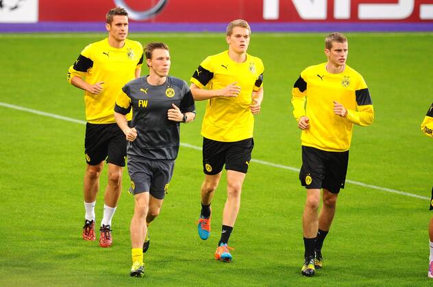 Sebastian Kehl, Fitnesstrainer Florian Wangler, Matthias Ginter, Sven Bender BRUSSELS, Dortmund s players pictured during a training session of BVB Borussia Dortmund, in Brussels, Tuesday 30 September 2014. LUCxCLAESSEN  premiumd Highlight 04407405