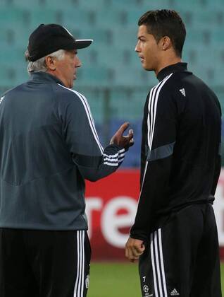 30.09.2014 Sofia Carlo Ancelotti(L) CF Real Madrid coach with Cristiano Ronaldo(r) Training Real Madrid 