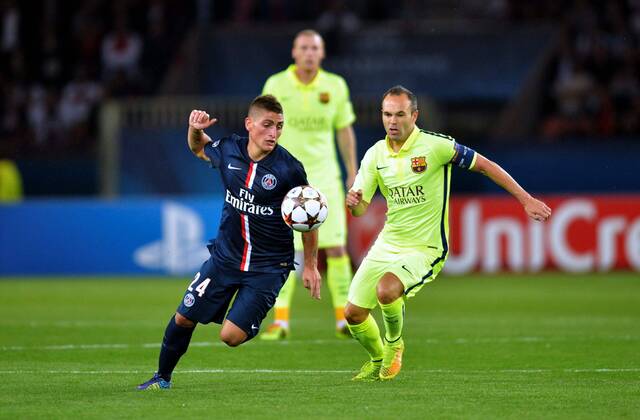 Marco Verratti (psg) - Andres Iniesta (barc) FOOTBALL : Paris SG vs FC Barcelone - Ligue des champions - 30 09 2014 AnthonyBIBARD FEP Panoramic 