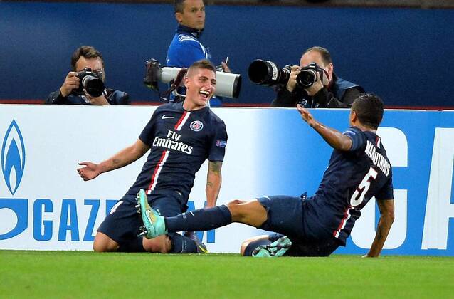 Marco Verratti (psg) - Marquinhos (psg) FOOTBALL : Paris SG vs FC Barcelone - Ligue des champions - 30 09 2014 AnthonyBIBARD FEP Panoramic 