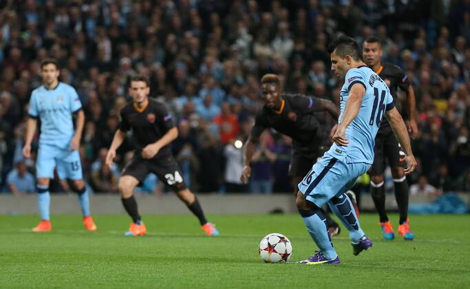 Sergio Aguero of Manchester City scores a penalty - UEFA Champions League group E - Manchester City vs Roma - Etihad Stadium - Manchester - England - 30th September 2014 - Picture Simon Bellis Sportimage EDITORIAL USE ONLY. No use with unauthorised audio, video, data, fixture lists, club league logos or live services. Online in-match use limited to 120 images, no video emulation. No use in betting, games or single club league player publications.