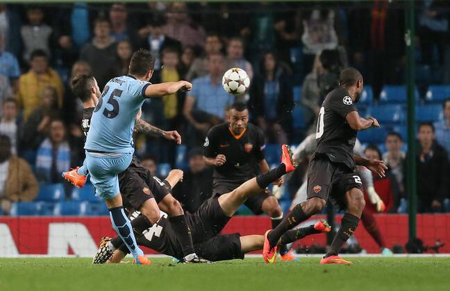 Stevan Jovetic of Manchester City blazes a shot over the bar - UEFA Champions League group E - Manchester City vs Roma - Etihad Stadium - Manchester - England - 30th September 2014 - Picture Simon Bellis Sportimage EDITORIAL USE ONLY. No use with unauthorised audio, video, data, fixture lists, club league logos or live services. Online in-match use limited to 120 images, no video emulation. No use in betting, games or single club league player publications.
