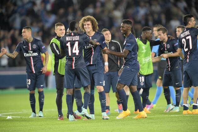 Jubels joueurs parisiens en fin de match David Luiz (PSG) Blaise Matuidi (PSG) Paris St. Germain PSG - FC Barcelona (Barca) xJBAutissierx 