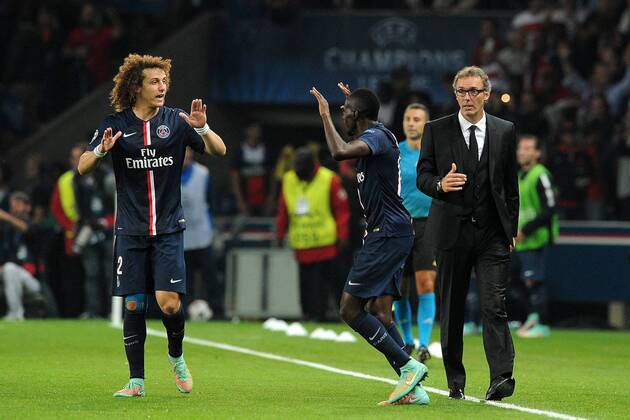 David Luiz (PSG) Blaise Matuidi (PSG) Laurent Blanc (Coach psg) Paris St. Germain PSG - FC Barcelona (Barca) 30 09 2014 NxLeGouicxFEPx 