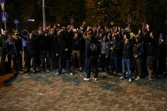 MOSCOW REGION, RUSSIA. SEPTEMBER 30, 2014. CSKA s fans rooting for their team in a 2014 15 Season UEFA Champions League Group E football match outside Arena Khimki Stadium. The game is played behind closed doors as CSKA have been punished for their fans poor behaviour in a Champions League match.  RE150A10