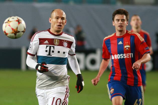 September 30, 2014. Russia, Khimki, arena New Khimki. CSKA s player Georgi Shchennikov and Bayern s player Arjen Robben in the 2014 15 UEFA Champions League s group stage match between CSKA (Moscow, Russia) and FC Bayern Munich (Munich, Germany) DmitryxGolubovich 