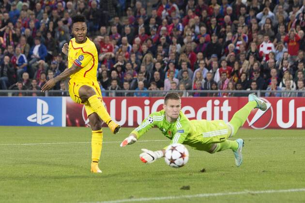 Raheem Sterling of Liverpool puts the ball in the net but has it disallowed - FC Basel vs. Liverpool - UEFA Champions League - St Jakobs Park - Basel - 01 10 2014 Pic Philip Oldham Sportimage EDITORIAL USE ONLY. No use with unauthorised audio, video, data, fixture lists, club league logos or live services. Online in-match use limited to 120 images, no video emulation. No use in betting, games or single club league player publications.