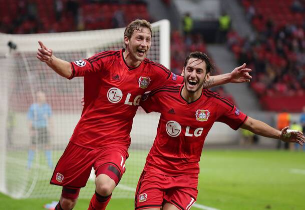 01.10.2014, xjfx, Fussball Champions League, Bayer 04 Leverkusen - Benfica Lissabon, v.l.Goal scored, Tor zum 1:0, Stefan Kiessling Kießling (Bayer Leverkusen),Hakan Calhanoglu (Bayer Leverkusen) ,jubeln jubelt