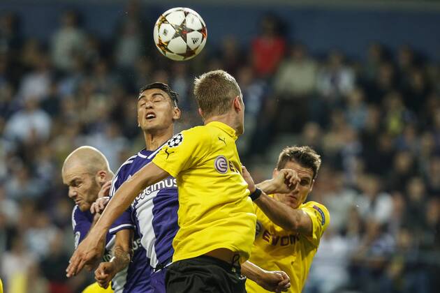 - BRUSSELS, BELGIUM: Anderlecht s Bram Nuytinck and Anderlecht s Matias Suarez fight for the ball during a UEFA Champions League game between Belgian team RSC Anderlecht and German Borussia Dortmund, in Brussels, in the Constant Vanden Stock stadium, on the second day of the group stage competition, in the in group D, Wednesday 01 October 2014. THIERRYxROGE  premiumd 20471008