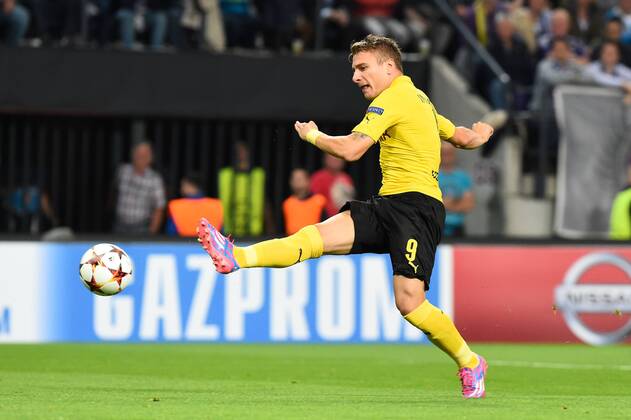 - BRUSSELS, BELGIUM: Dortmund s Ciro Immobile scores a goal during a UEFA Champions League game between Belgian team RSC Anderlecht and German Borussia Dortmund, in Brussels, in the Constant Vanden Stock stadium, on the second day of the group stage competition, in the in group D, Wednesday 01 October 2014. LUCxCLAESSEN  premiumd 20471021