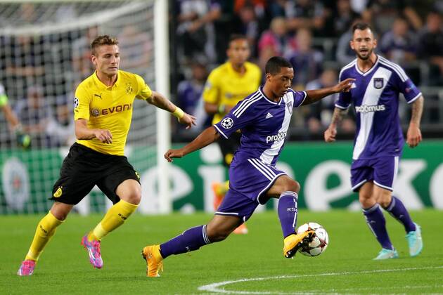 01.10.2014, xgsx, Fussball Champions League, RSC Anderlecht - Borussia Dortmund, v.l. Ciro Immobile (Borussia Dortmund (BVB) - 9) - Youri Tielmans (RSC Anderlecht - 31)
