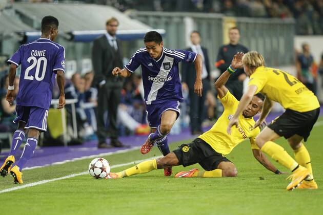 - BRUSSELS, BELGIUM: Anderlecht s Andy Najar and Dortmund s Pierre-Emerick Aubameyang fight for the ball during a UEFA Champions League game between Belgian team RSC Anderlecht and German Borussia Dortmund, in Brussels, in the Constant Vanden Stock stadium, on the second day of the group stage competition, in the in group D, Wednesday 01 October 2014. THIERRYxROGE  premiumd 20472126
