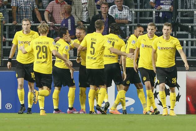 Dortmund s players celebrate after scoring during a UEFA Champions League game between team RSC Anderlecht and Borussia Dortmund, in Brussels, in the Constant Vanden Stock stadium, on the second day of the group stage competition, in the in group D, Wednesday 01 October 2014. THIERRYxROGE  premiumd 20472373