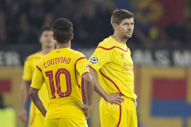 Steven Gerrard of Liverpool looks dejected following the opening goal - FC Basel vs. Liverpool - UEFA Champions League - St Jakobs Park - Basel - 01 10 2014 Pic Philip Oldham Sportimage EDITORIAL USE ONLY. No use with unauthorised audio, video, data, fixture lists, club league logos or live services. Online in-match use limited to 120 images, no video emulation. No use in betting, games or single club league player publications.