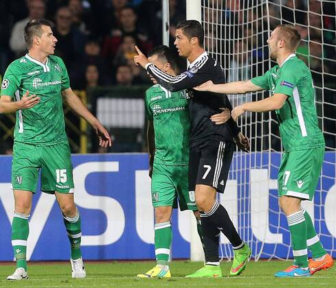 01.10.2014 Sofia(Bulgaria) PFC Ludogorets-CF Real Madrid Champions League men s football Cristiano Ronaldo(c) CF Real Madrid in tensions during match with Aleksandar Aleksandrov(L) PFC Ludogorets :Stringer 