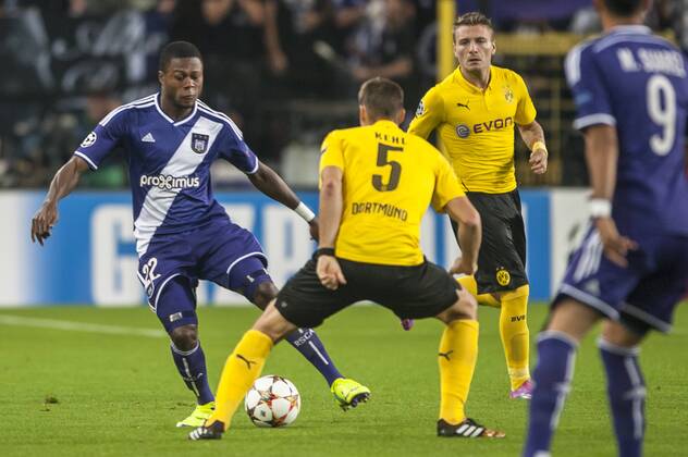 Brussels , Belgium October , 01 2014 Football UEFA Champions League 2014 2015 Constant Vanden Stock Stadium Group D RSC Anderlecht Borussia Dortmund On this picture : Chancel Mbemba Sabastien Kehl MichelxGouverneur 