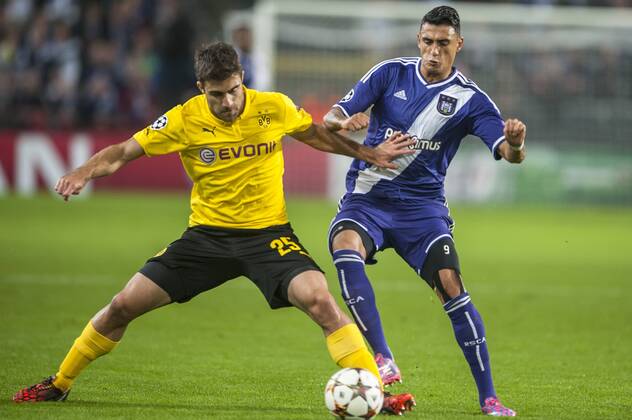 Brussels , Belgium October , 01 2014 Football UEFA Champions League 2014 2015 Constant Vanden Stock Stadium Group D RSC Anderlecht Borussia Dortmund On this picture : Sokratis Papastathopoulos Matias Suarez MichelxGouverneur 
