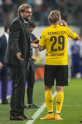Brussels , Belgium October , 01 2014 Football UEFA Champions League 2014 2015 Constant Vanden Stock Stadium Group D RSC Anderlecht Borussia Dortmund On this picture : Jurgen Klopp Marcel Schmelzer MichelxGouverneur 