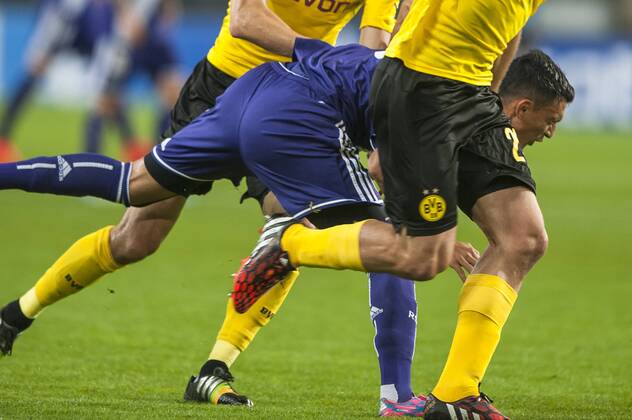 Brussels , Belgium October , 01 2014 Football UEFA Champions League 2014 2015 Constant Vanden Stock Stadium Group D RSC Anderlecht Borussia Dortmund On this picture : Matias Suarez MichelxGouverneur 