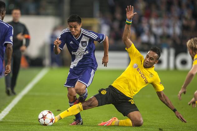 Brussels , Belgium October , 01 2014 Football UEFA Champions League 2014 2015 Constant Vanden Stock Stadium Group D RSC Anderlecht Borussia Dortmund On this picture : Pierre Emerick Aubameyang Andy Najar MichelxGouverneur 