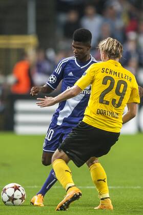 Brussels , Belgium October , 01 2014 Football UEFA Champions League 2014 2015 Constant Vanden Stock Stadium Group D RSC Anderlecht Borussia Dortmund On this picture : Ibrahima Conte Marcel Schmelzer MichelxGouverneur 
