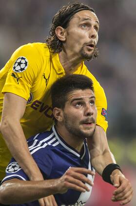 Brussels , Belgium October , 01 2014 Football UEFA Champions League 2014 2015 Constant Vanden Stock Stadium Group D RSC Anderlecht Borussia Dortmund On this picture : Aleksandar Mitrovic Neven Subotic MichelxGouverneur 