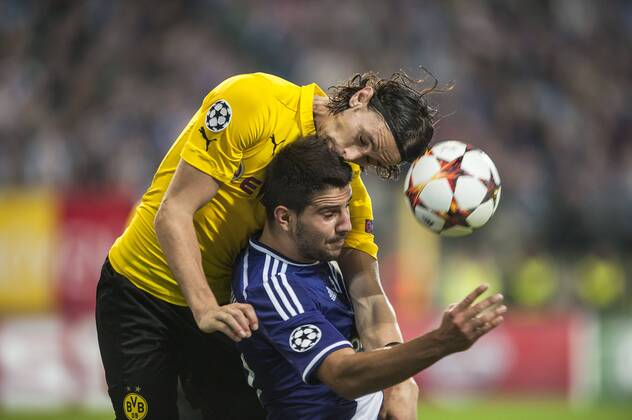 Brussels , Belgium October , 01 2014 Football UEFA Champions League 2014 2015 Constant Vanden Stock Stadium Group D RSC Anderlecht Borussia Dortmund On this picture : Aleksandar Mitrovic Neven Subotic MichelxGouverneur 