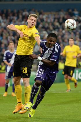 Lukasz Piszczek of Borussia Dortmund and Chancel Mbemba of RSC Anderlecht FOOTBALL : Anderlecht vs Dortmund - Ligue des Champions - Bruxelles - 01 10 2014 PhotoNews Panoramic 
