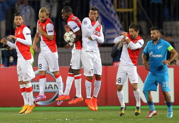 ST PETERSBURG, RUSSIA. OCTOBER 1, 2014. Monacoâ€™s Yannick Ferreira Carrasco, Valere Germain, Geoffrey Kondogbia, Nabil Dirar, Joao Moutinho and Zenitâ€™s Daniel Danny Miguel (L to R) in action in their UEFA Champions League Round 2 Group C football match at Petrovsky Stadium. The game ended in a 0-0 draw. RuslanxShamukov TASS  RE150BBE