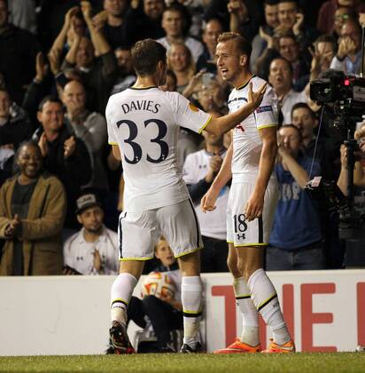 Tottenham s Harry Kane celebrates scoring his sides opening goal - Europa League - Tottenham Hotspur vs Besiktas - White Hart Lane - England - 2nd October 2014 - Picture David Klein Sportimage EDITORIAL USE ONLY. No use with unauthorised audio, video, data, fixture lists, club league logos or live services. Online in-match use limited to 120 images, no video emulation. No use in betting, games or single club league player publications.