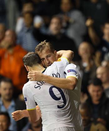 Tottenham s Harry Kane celebrates scoring his sides opening goal - Europa League - Tottenham Hotspur vs Besiktas - White Hart Lane - England - 2nd October 2014 - Picture David Klein Sportimage EDITORIAL USE ONLY. No use with unauthorised audio, video, data, fixture lists, club league logos or live services. Online in-match use limited to 120 images, no video emulation. No use in betting, games or single club league player publications.