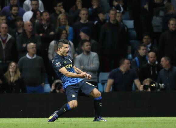 Sergio Kun Agüero of Manchester City celebrates his goal - Barclays Premier League - Aston Villa vs Manchester City - - England - 4th October 2014 - Picture SimonxBellis Sportimage EDITORIAL USE ONLY. No use with unauthorised audio, video, data, fixture lists, club league logos or live services. Online in-match use limited to 120 images, no video emulation. No use in betting, games or single club league player publications.