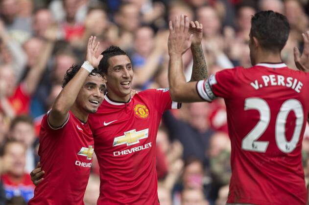 Angel di Maria of Manchester United celebrates his opening goal - Manchester United vs. Everton - Barclay s Premier League - Old Trafford - Manchester - 04 10 2014 Pic Philip Oldham Sportimage EDITORIAL USE ONLY. No use with unauthorised audio, video, data, fixture lists, club league logos or live services. Online in-match use limited to 120 images, no video emulation. No use in betting, games or single club league player publications.