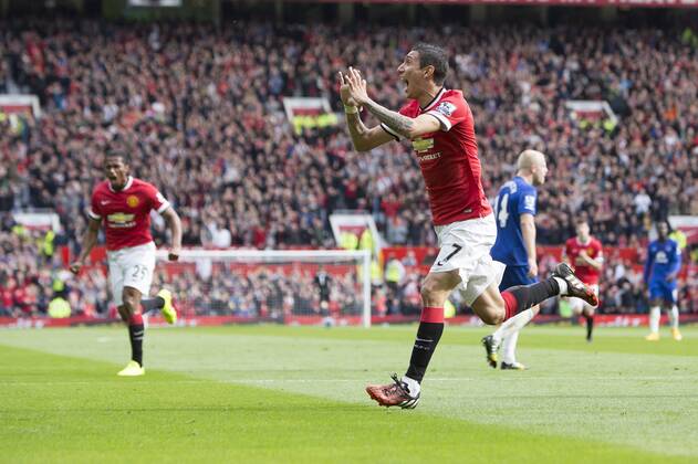 Angel di Maria of Manchester United celebrates his opening goal - Manchester United vs. Everton - Barclay s Premier League - Old Trafford - Manchester - 04 10 2014 Pic Philip Oldham Sportimage EDITORIAL USE ONLY. No use with unauthorised audio, video, data, fixture lists, club league logos or live services. Online in-match use limited to 120 images, no video emulation. No use in betting, games or single club league player publications.