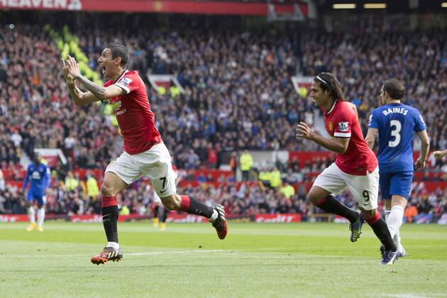 Angel di Maria of Manchester United celebrates his opening goal - Manchester United vs. Everton - Barclay s Premier League - Old Trafford - Manchester - 04 10 2014 Pic Philip Oldham Sportimage EDITORIAL USE ONLY. No use with unauthorised audio, video, data, fixture lists, club league logos or live services. Online in-match use limited to 120 images, no video emulation. No use in betting, games or single club league player publications.