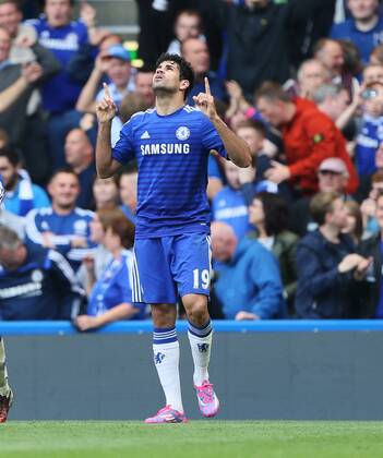 Chelsea s Diego Costa celebrates scoring his sides second goal - Barclays Premier League - Chelsea Vs Arsenal - Stamford Bridge - England - 5th October 2014 - EDITORIAL USE ONLY. No use with unauthorised audio, video, data, fixture lists, club league logos or live services. Online in-match use limited to 120 images, no video emulation. No use in betting, games or single club league player publications.