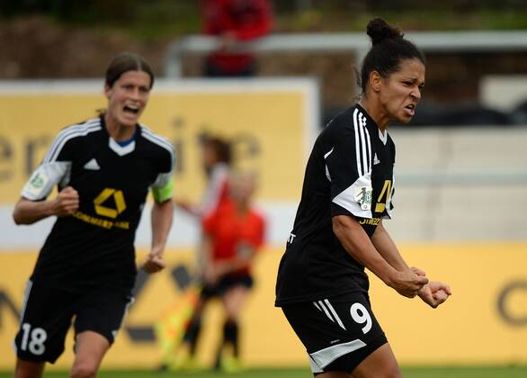 16.10.2014, xjhx, Fussball Champions League, 1.FFC Frankfurt - WFC BIIK-Kazygurt, v.l. Kerstin Garefrekes (1.FFC Frankfurt), Celia Sasic (1.FFC Frankfurt) Torjubel, Goal celebration, celebrate the goal 3:0