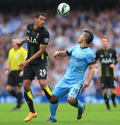 Tottenham s Etienne Capoue and Sergio Kun Aguero of Manchester City - Manchester City vs. Tottenham Hotspurs - Barclay s Premier League - Etihad Stadium - Manchester - 18 10 2014 EDITORIAL USE ONLY. No use with unauthorised audio, video, data, fixture lists, club league logos or live services. Online in-match use limited to 120 images, no video emulation. No use in betting, games or single club league player publications.