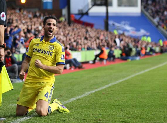 Chelsea s Cesc Fabregas celebrates scoring his sides second goal - Barclays Premier League - Crystal Palace vs Chelsea - Selhurst Park - England - 18th October 2014 - Picture David Klein Sportimage EDITORIAL USE ONLY. No use with unauthorised audio, video, data, fixture lists, club league logos or live services. Online in-match use limited to 120 images, no video emulation. No use in betting, games or single club league player publications.