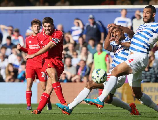 Liverpool s Steven Gerrard fires in a shot - Barclays Premier League - QPR vs Liverpool - Loftus Road - England - 19th October 2014 - Picture David Klein Sportimage EDITORIAL USE ONLY. No use with unauthorised audio, video, data, fixture lists, club league logos or live services. Online in-match use limited to 120 images, no video emulation. No use in betting, games or single club league player publications.