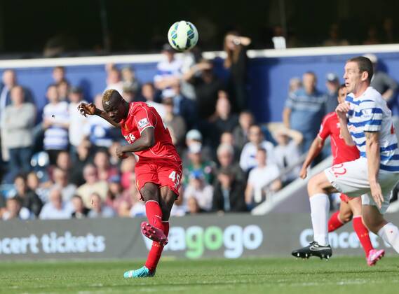Liverpool s Mario Balotelli fires in a shot - Barclays Premier League - QPR vs Liverpool - Loftus Road - England - 19th October 2014 - Picture David Klein Sportimage EDITORIAL USE ONLY. No use with unauthorised audio, video, data, fixture lists, club league logos or live services. Online in-match use limited to 120 images, no video emulation. No use in betting, games or single club league player publications.