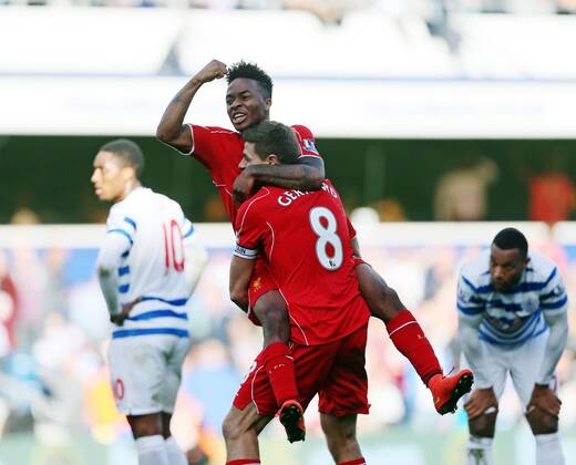 Liverpool s Raheem Sterling celebrates setting up the winning goal - Barclays Premier League - QPR vs Liverpool - Loftus Road - England - 19th October 2014 - Picture David Klein Sportimage EDITORIAL USE ONLY. No use with unauthorised audio, video, data, fixture lists, club league logos or live services. Online in-match use limited to 120 images, no video emulation. No use in betting, games or single club league player publications.