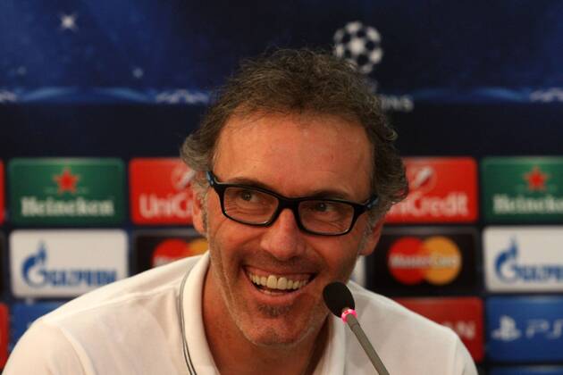 Paris Saint-Germain s French head coach Laurent Blanc takes part in a press conference in the Cypriot capital Nicosia on October 20, 2014, on the eve the group F UEFA Champions League football match against APOEL Nicosia