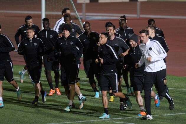 Paris Saint-Germain s players take part in a team training session in the Cypriot capital Nicosia on October 20, 2014, on the eve the group F UEFA Champions League football match against APOEL Nicosia