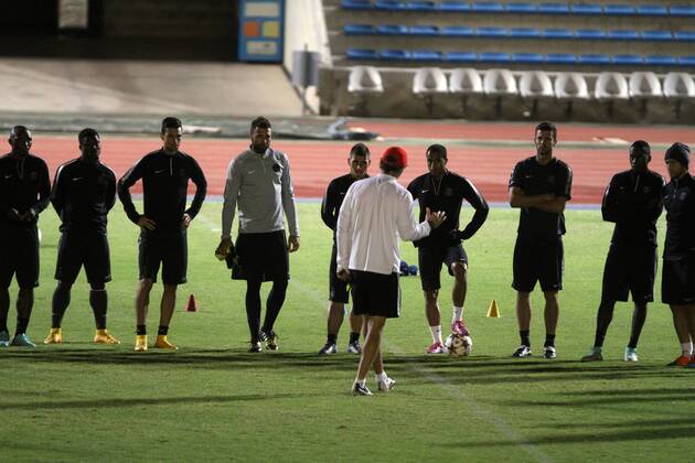 Paris Saint-Germain s players take part in a team training session in the Cypriot capital Nicosia on October 20, 2014, on the eve the group F UEFA Champions League football match against APOEL Nicosia