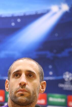 MOSCOW REGION, RUSSIA. OCTOBER 20, 2014. FC Manchester City defender Pablo Zabaleta looks on at a press conference on the upcoming UEFA Champions League group stage football match against CSKA Moscow. The game is to be played behind closed doors as CSKA have been punished for their fans poor behavior. Artyom Korotayev TASS  RE1525DC